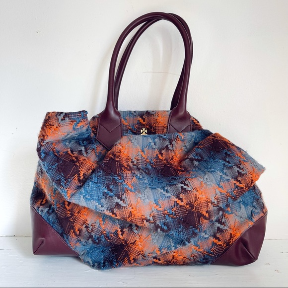 Vivienne Westwood Handbags - Vivienne Westwood Knit Blue, Orange, And Burgundy Plaid Maxi Tote Bag